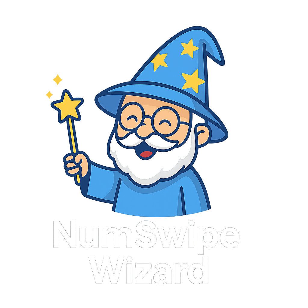 Smiling NumSwipe Wizard mascot holding a wand